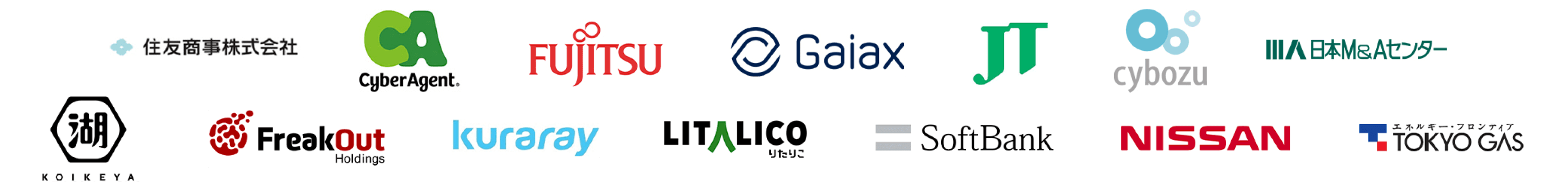 住友商事株式会社,サイバーエージェント,富士通,Gaiax,JT,cybozu,IBM,日本M&Aセンター,KOIKEYA,FreakOut,kuraray,LITALICO,SoftBank,NISSAN,TOKYO GAS